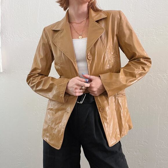 Vintage Y2K Tan Faux Leather Blazer Style Fitted Button Up Jacket - Picture 5 of 7